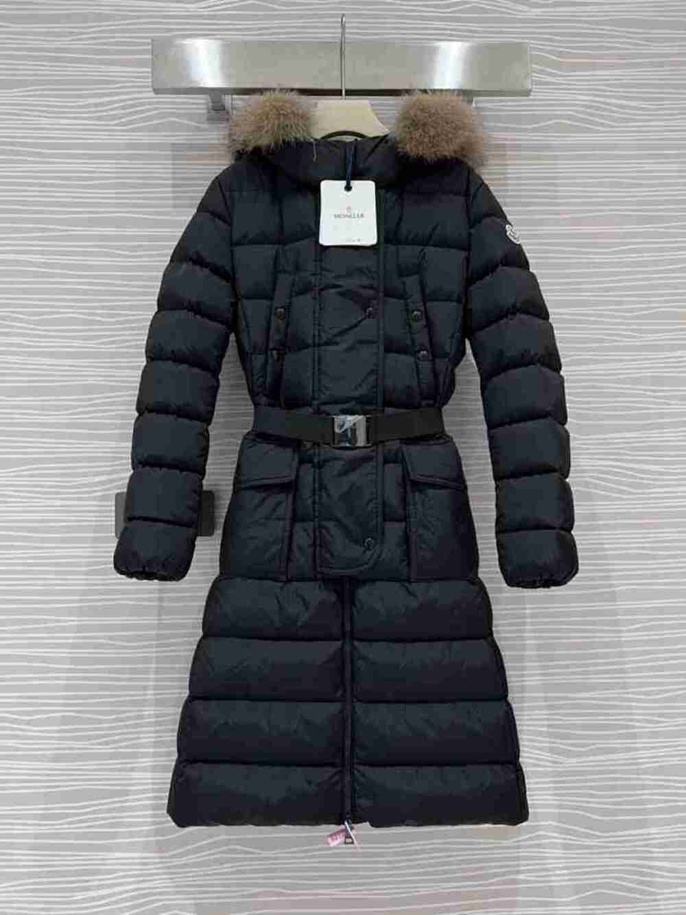 Moncler Women's Belted Long Puffer Down Coat Black With Fur Trim Hood